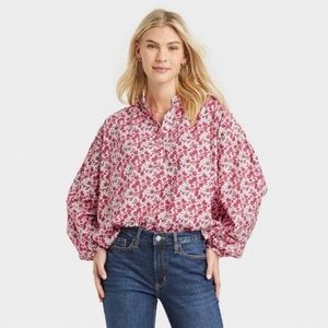 NWT White Pink Boho Peasant Top Floral Blouse Long Sleeve Universal Thread New